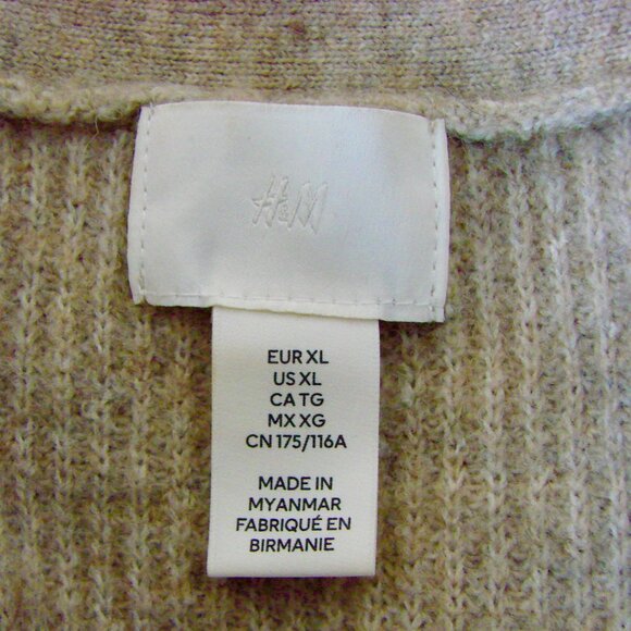 H&M Rhinestone Bow Cardigan Sweater Ribbed Beige Taupe Wool Blend Oversized XL - Picture 7 of 15